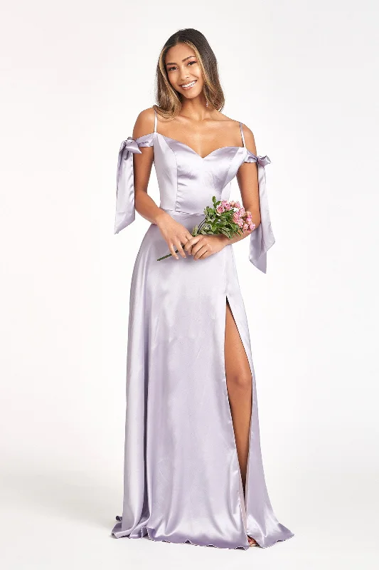 blush bridesmaid dresses with satin sashes for waist definition --Long Cold Shoulder Satin Dress by Elizabeth K GL1994