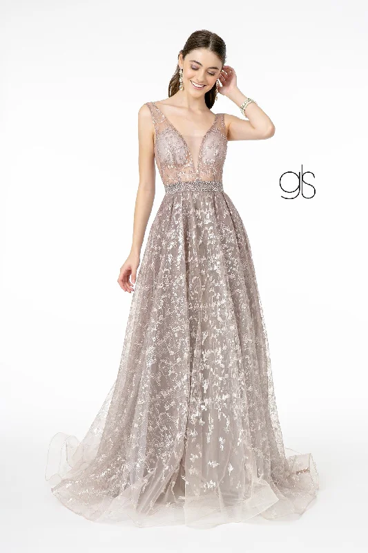 cocktail dresses with satin belts for waist definition --Embroidered Long A-line Illusion Dress by Elizabeth K GL2971