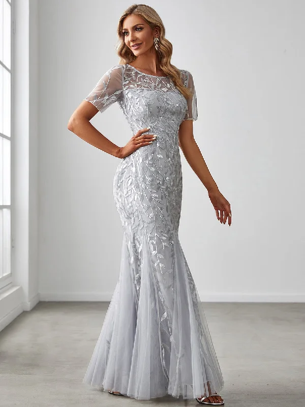 Trendy party dresses for bachelorette parties -Women's Floral Sequin Fishtail Tulle Dresses for Party