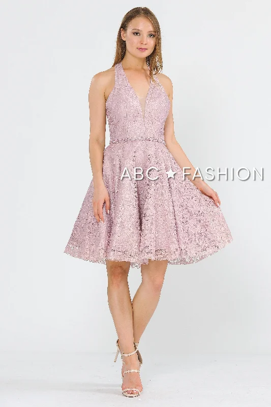 Sexy dresses for night clubbing and dancing -Short Halter Lace Dress with Open Back by Poly USA 8428